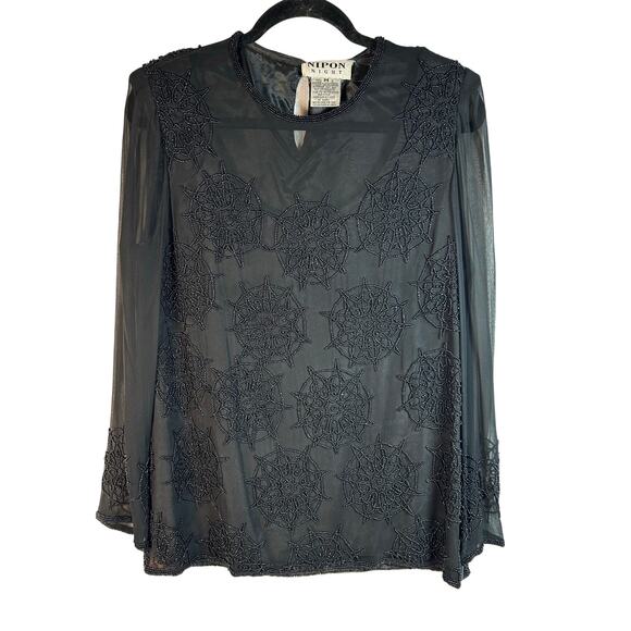 Nipon night vintage silk blouse circular beaded application Sheer sleeves chest. - Picture 1 of 7